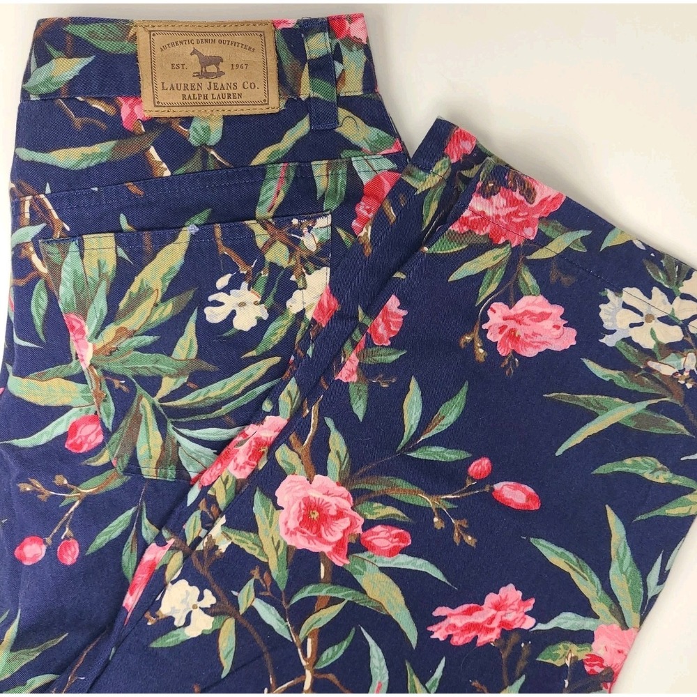 Lauren Ralph Lauren Womens Floral Crop Pants Size 10 Cotton Navy Garden Print